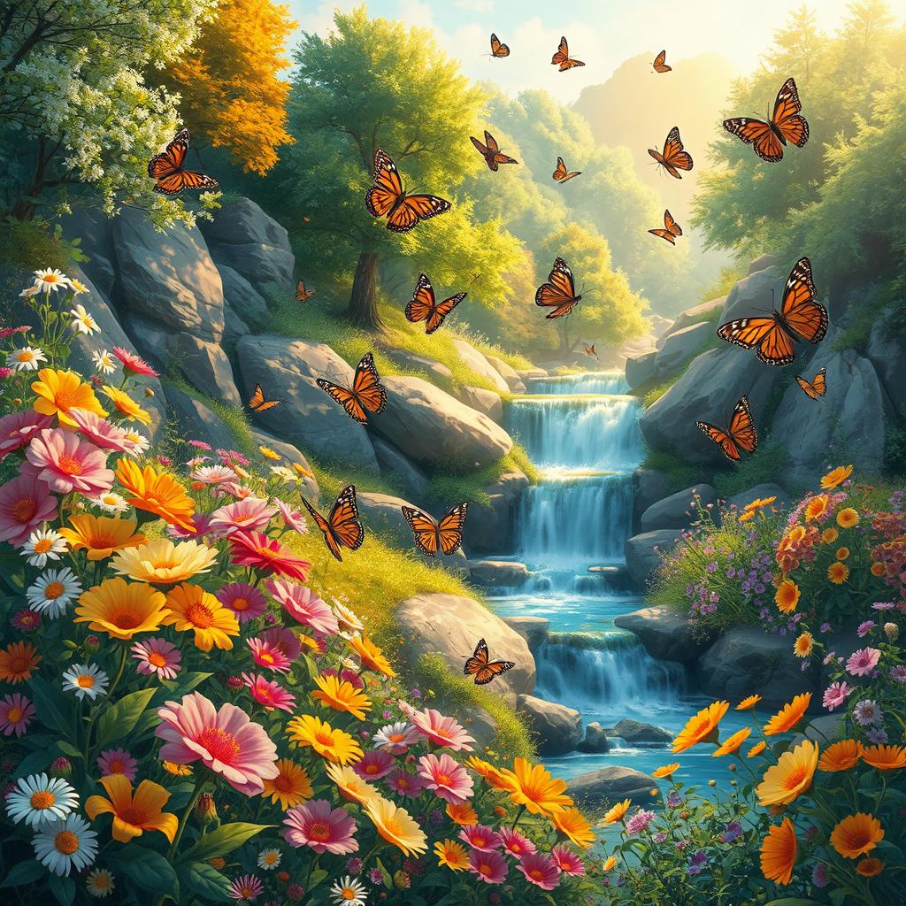 A captivating landscape illustration featuring a vibrant scene filled with blooming flowers, a beautiful waterfall cascading down rocks, lush green trees, and colorful butterflies fluttering around