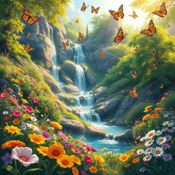 A captivating landscape illustration featuring a vibrant scene filled with blooming flowers, a beautiful waterfall cascading down rocks, lush green trees, and colorful butterflies fluttering around