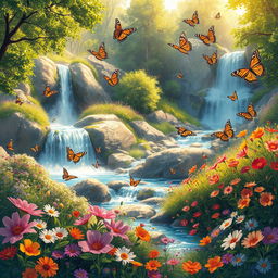 A captivating landscape illustration featuring a vibrant scene filled with blooming flowers, a beautiful waterfall cascading down rocks, lush green trees, and colorful butterflies fluttering around