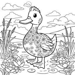 A whimsical and detailed duck coloring page featuring a cartoon-style duck with prominent features like a broad beak, round body, and webbed feet