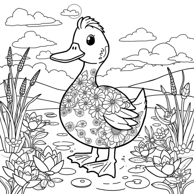 A whimsical and detailed duck coloring page featuring a cartoon-style duck with prominent features like a broad beak, round body, and webbed feet