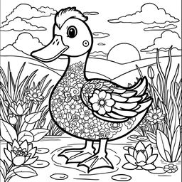 A whimsical and detailed duck coloring page featuring a cartoon-style duck with prominent features like a broad beak, round body, and webbed feet
