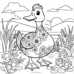 A whimsical and detailed duck coloring page featuring a cartoon-style duck with prominent features like a broad beak, round body, and webbed feet