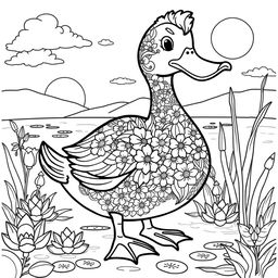 A whimsical and detailed duck coloring page featuring a cartoon-style duck with prominent features like a broad beak, round body, and webbed feet