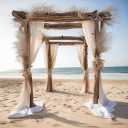 An alluring architectural structure on a tranquil beach, elegantly crafted from driftwood and draped with soft, wind-ruffled linen evoking a romantic seaside ambiance.