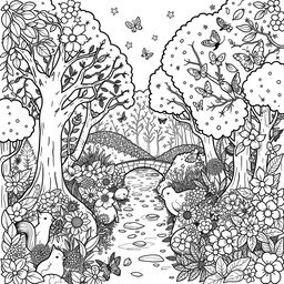 A whimsical and intricate coloring page featuring a serene forest scene filled with various trees, flowers, and hidden woodland creatures like squirrels, butterflies, and birds