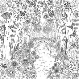 A whimsical and intricate coloring page featuring a serene forest scene filled with various trees, flowers, and hidden woodland creatures like squirrels, butterflies, and birds