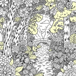 A whimsical and intricate coloring page featuring a serene forest scene filled with various trees, flowers, and hidden woodland creatures like squirrels, butterflies, and birds