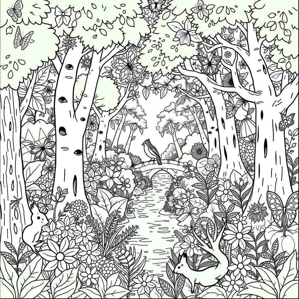A whimsical and intricate coloring page featuring a serene forest scene filled with various trees, flowers, and hidden woodland creatures like squirrels, butterflies, and birds