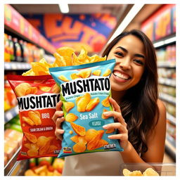 An eye-catching product display featuring "MUSHTATO" potato chips brand, showcasing various flavors like BBQ, Sour Cream & Onion, and Sea Salt