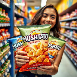 An eye-catching product display featuring "MUSHTATO" potato chips brand, showcasing various flavors like BBQ, Sour Cream & Onion, and Sea Salt