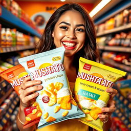 An eye-catching product display featuring "MUSHTATO" potato chips brand, showcasing various flavors like BBQ, Sour Cream & Onion, and Sea Salt