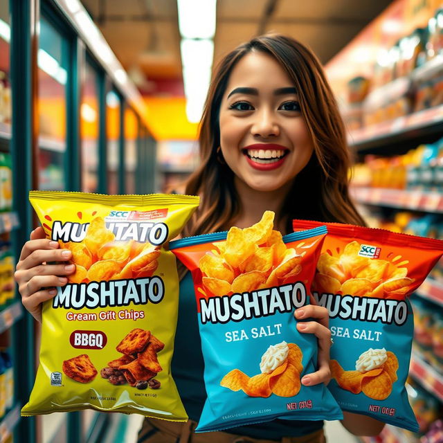 An eye-catching product display featuring "MUSHTATO" potato chips brand, showcasing various flavors like BBQ, Sour Cream & Onion, and Sea Salt
