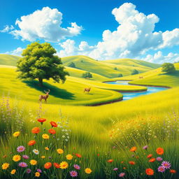 A beautiful and vibrant painting of a serene landscape showcasing a lush green meadow under a bright blue sky, with fluffy white clouds gently floating by