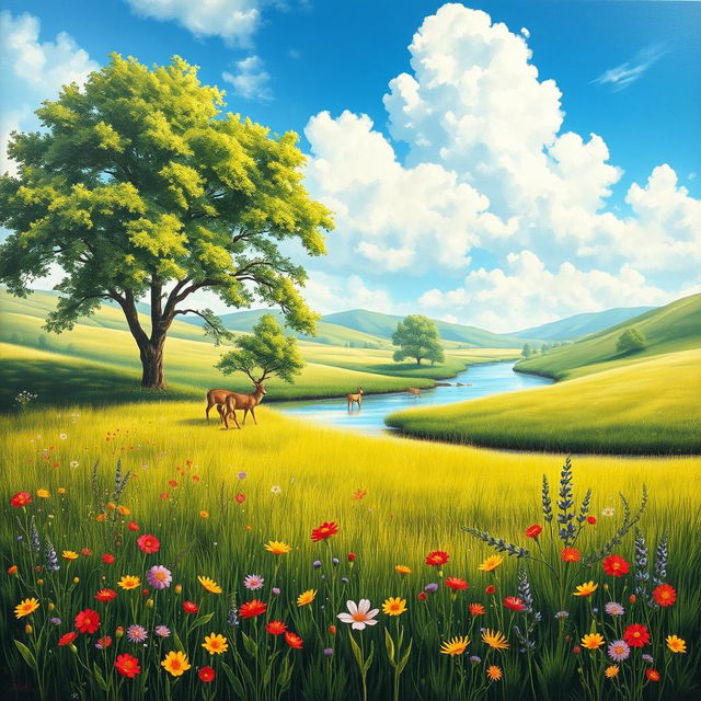 A beautiful and vibrant painting of a serene landscape showcasing a lush green meadow under a bright blue sky, with fluffy white clouds gently floating by