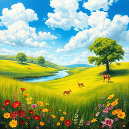 A beautiful and vibrant painting of a serene landscape showcasing a lush green meadow under a bright blue sky, with fluffy white clouds gently floating by