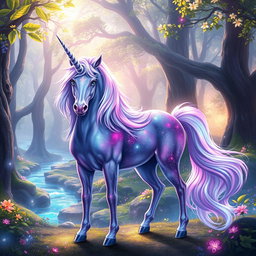 A mystical unicorn standing majestically in a vibrant fantasy forest, its shimmering mane flowing with iridescent colors reflecting the magical light