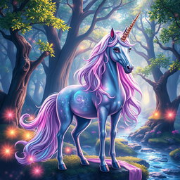 A mystical unicorn standing majestically in a vibrant fantasy forest, its shimmering mane flowing with iridescent colors reflecting the magical light
