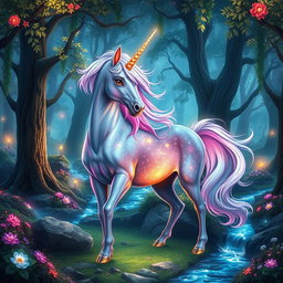 A mystical unicorn standing majestically in a vibrant fantasy forest, its shimmering mane flowing with iridescent colors reflecting the magical light