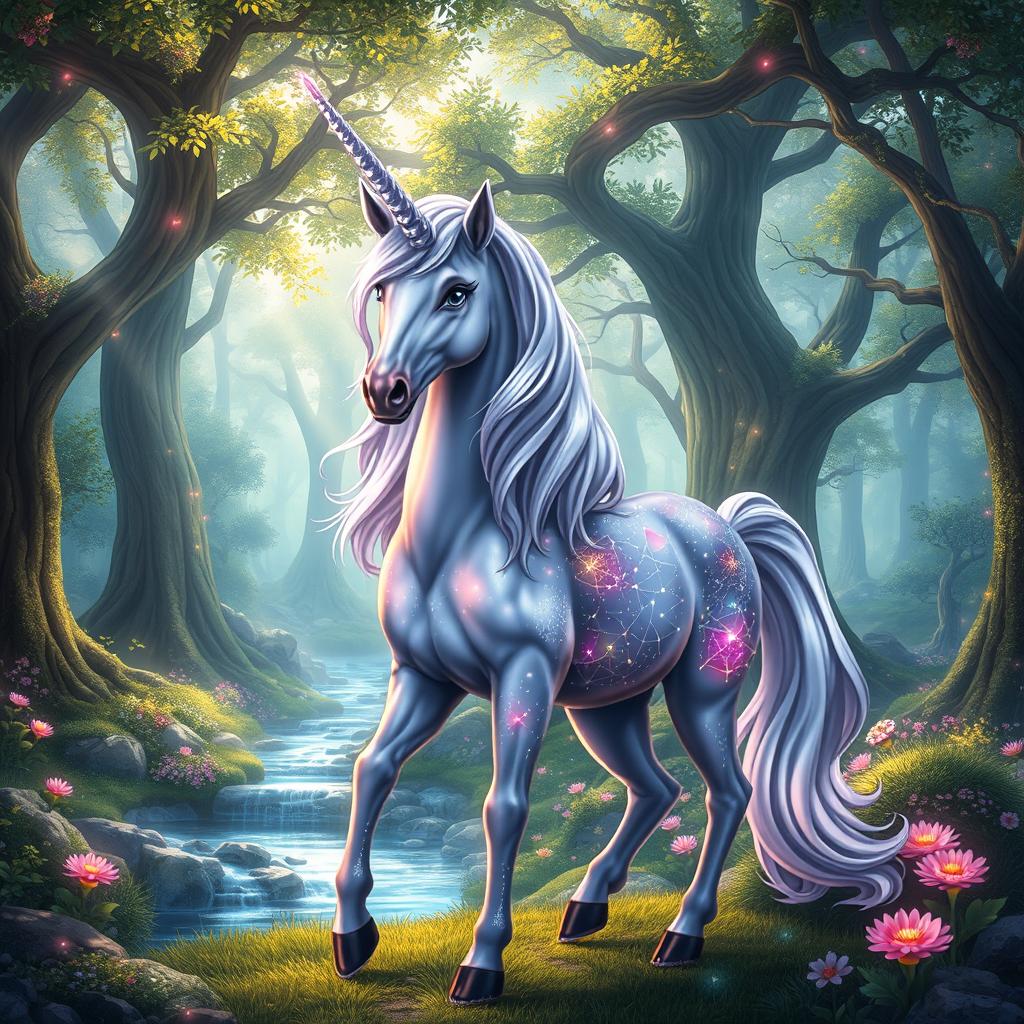 A mystical unicorn standing majestically in a vibrant fantasy forest, its shimmering mane flowing with iridescent colors reflecting the magical light