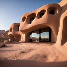 An avant garde architectural masterpiece sculpted from sandstone, located in the stark yet mesmerizing landscape of a desert.