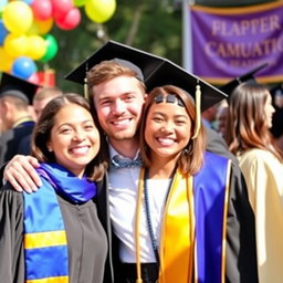 A group of three people smiling happily at a graduation ceremony, standing together