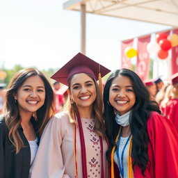 A group of three people smiling happily at a graduation ceremony, standing together