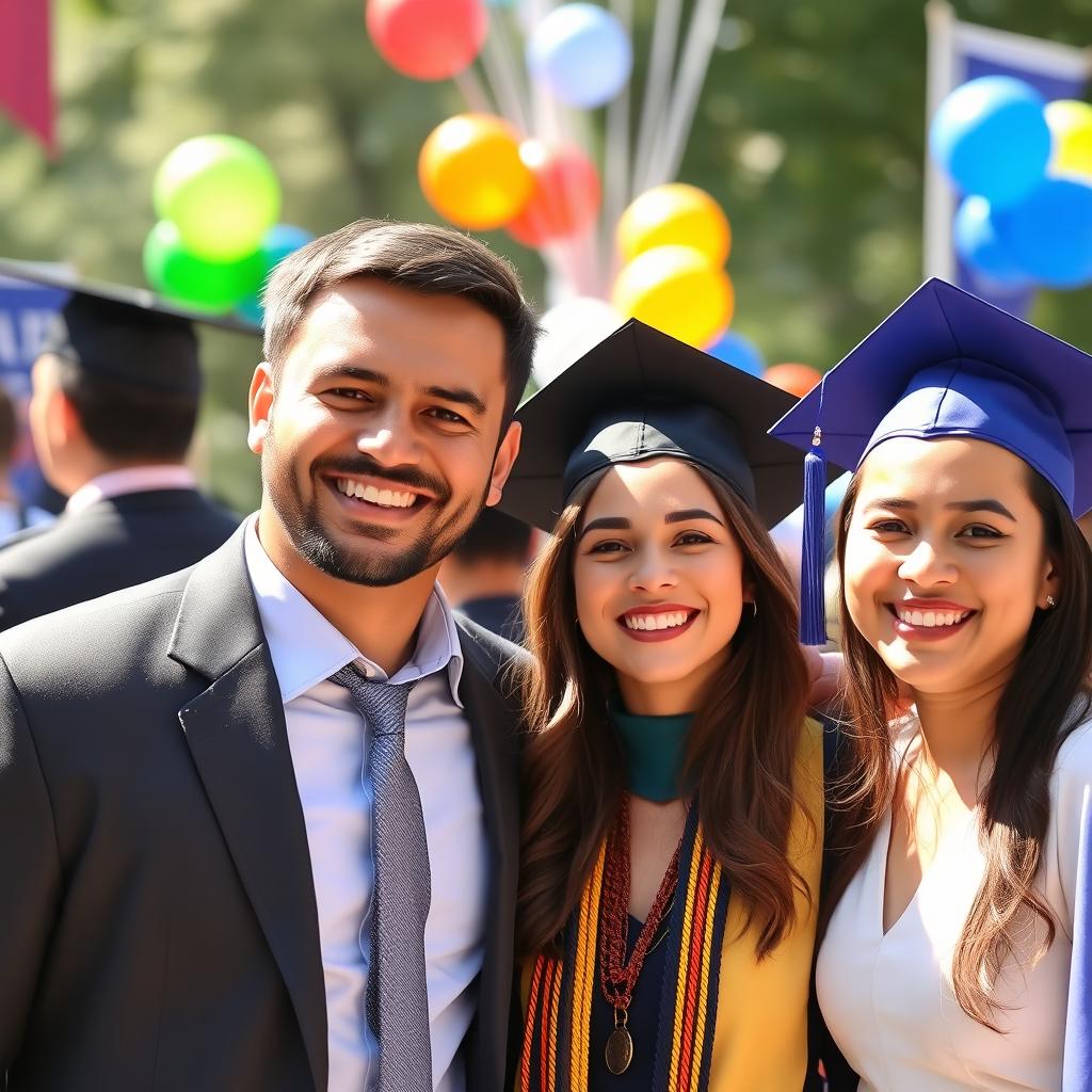 A group of three people smiling happily at a graduation ceremony, standing together