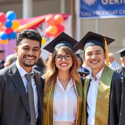 A group of three people smiling happily at a graduation ceremony, standing together