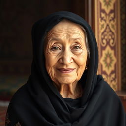 An elderly woman wearing a black hijab, her face showcasing deep wrinkles and wise expression, seated gracefully with a serene smile