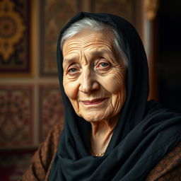 An elderly woman wearing a black hijab, her face showcasing deep wrinkles and wise expression, seated gracefully with a serene smile
