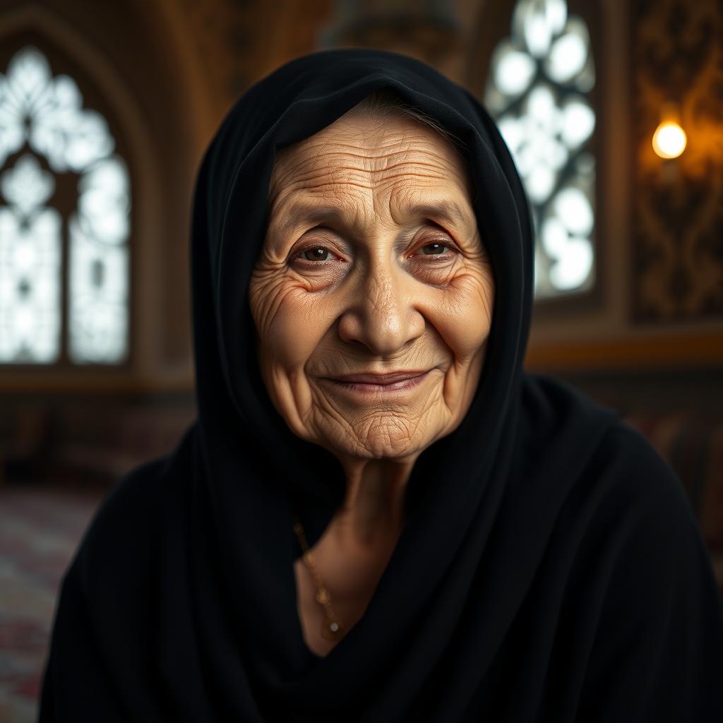 An elderly woman wearing a black hijab, her face showcasing deep wrinkles and wise expression, seated gracefully with a serene smile