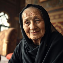 An elderly woman wearing a black hijab, her face showcasing deep wrinkles and wise expression, seated gracefully with a serene smile