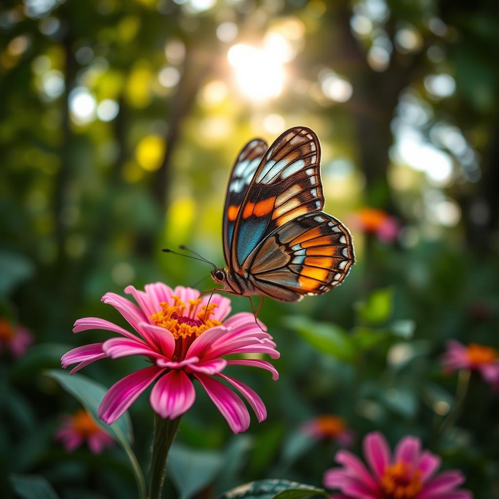 A beautifully detailed and realistic close-up photograph of a butterfly perched delicately on a vibrant flower in its natural habitat