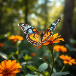 A beautifully detailed and realistic close-up photograph of a butterfly perched delicately on a vibrant flower in its natural habitat