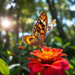 A beautifully detailed and realistic close-up photograph of a butterfly perched delicately on a vibrant flower in its natural habitat