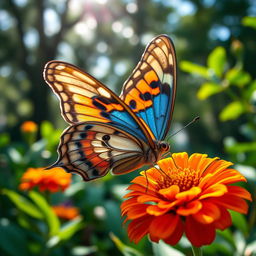 A beautifully detailed and realistic close-up photograph of a butterfly perched delicately on a vibrant flower in its natural habitat