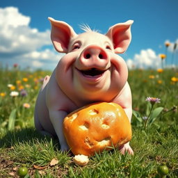 A joyful pig happily eating a loaf of bread in a sunny meadow