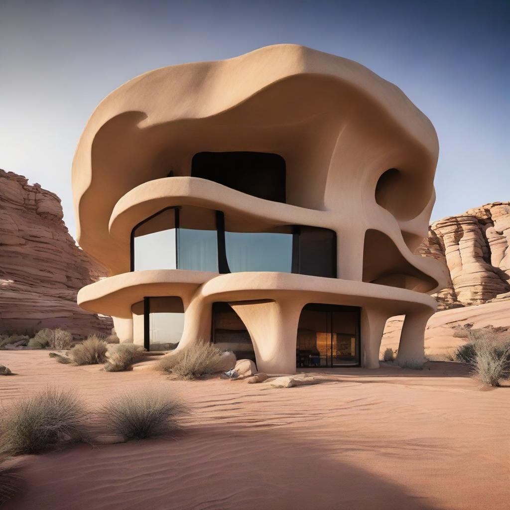 An avant garde architectural masterpiece sculpted from sandstone, located in the stark yet mesmerizing landscape of a desert.