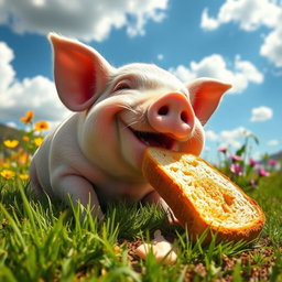 A joyful pig happily eating a loaf of bread in a sunny meadow