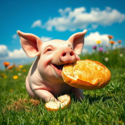 A joyful pig happily eating a loaf of bread in a sunny meadow