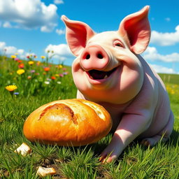 A joyful pig happily eating a loaf of bread in a sunny meadow