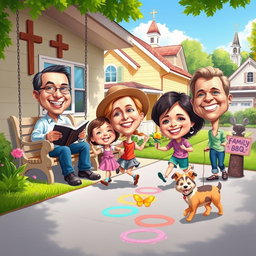 A vibrant caricature illustrating the joyful life of a Christian family