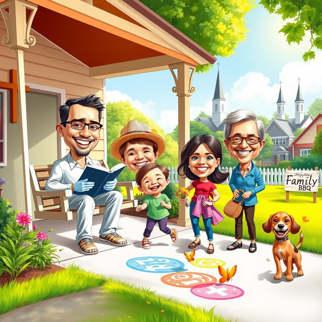 A vibrant caricature illustrating the joyful life of a Christian family