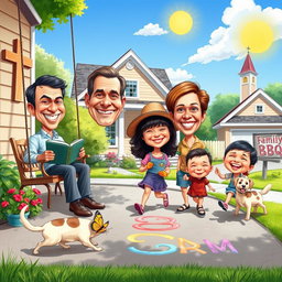 A vibrant caricature illustrating the joyful life of a Christian family