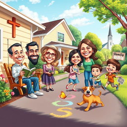 A vibrant caricature illustrating the joyful life of a Christian family