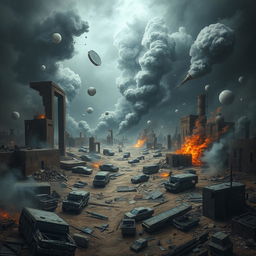 A surreal and chaotic mental landscape reflecting the aftermath of war, filled with fragmented thoughts and emotions