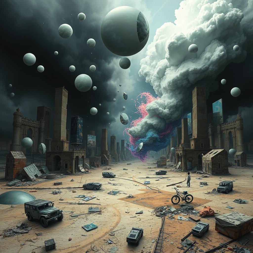A surreal and chaotic mental landscape reflecting the aftermath of war, filled with fragmented thoughts and emotions