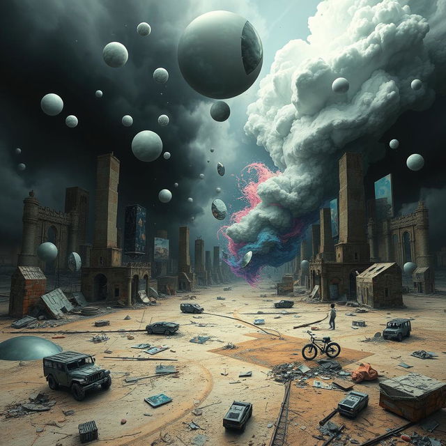A surreal and chaotic mental landscape reflecting the aftermath of war, filled with fragmented thoughts and emotions