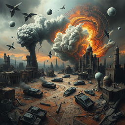 A surreal and chaotic mental landscape reflecting the aftermath of war, filled with fragmented thoughts and emotions